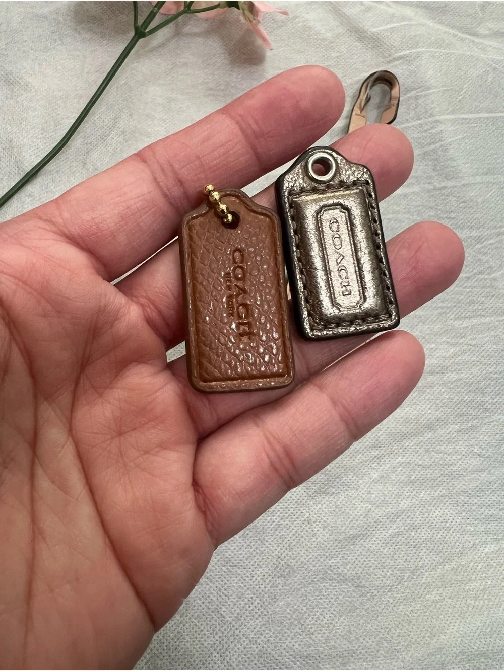 3pc Coach lot Hangtags bag charms, in tan, Brown and Metallic pewter - Picture 2 of 6